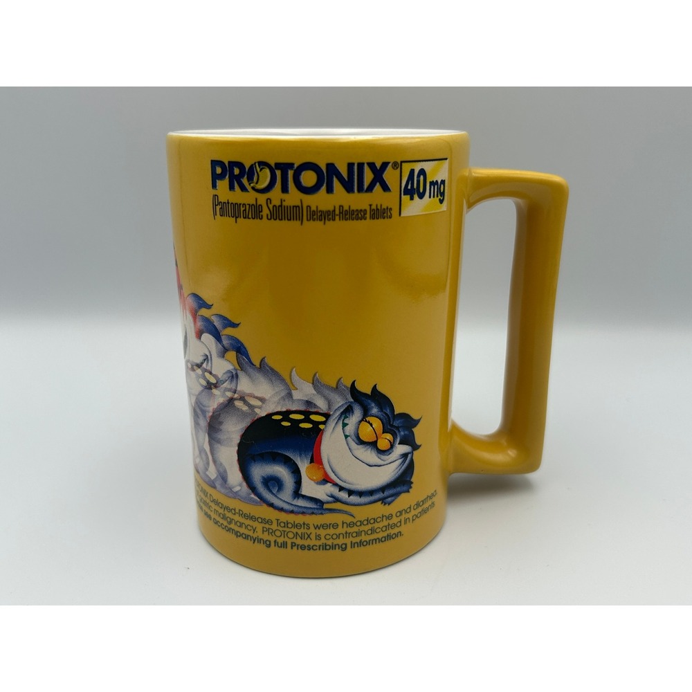 Vintage Protonix Pharmaceutical EE Monster Yellow Mug Square Handle Rep Giveaway